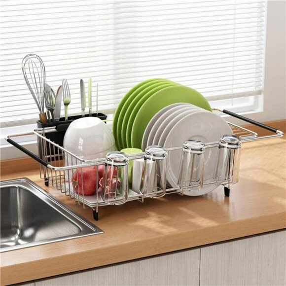 Expandable Over Sink Dish Drying Rack Stainless Steel with Utensil Holder Silver - Picture 6 of 7